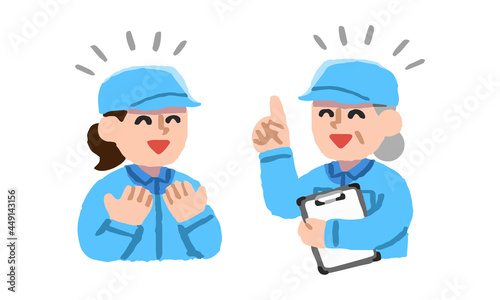 女性上司から仕事について説明を受ける作業着姿の女性（手描きカラー）