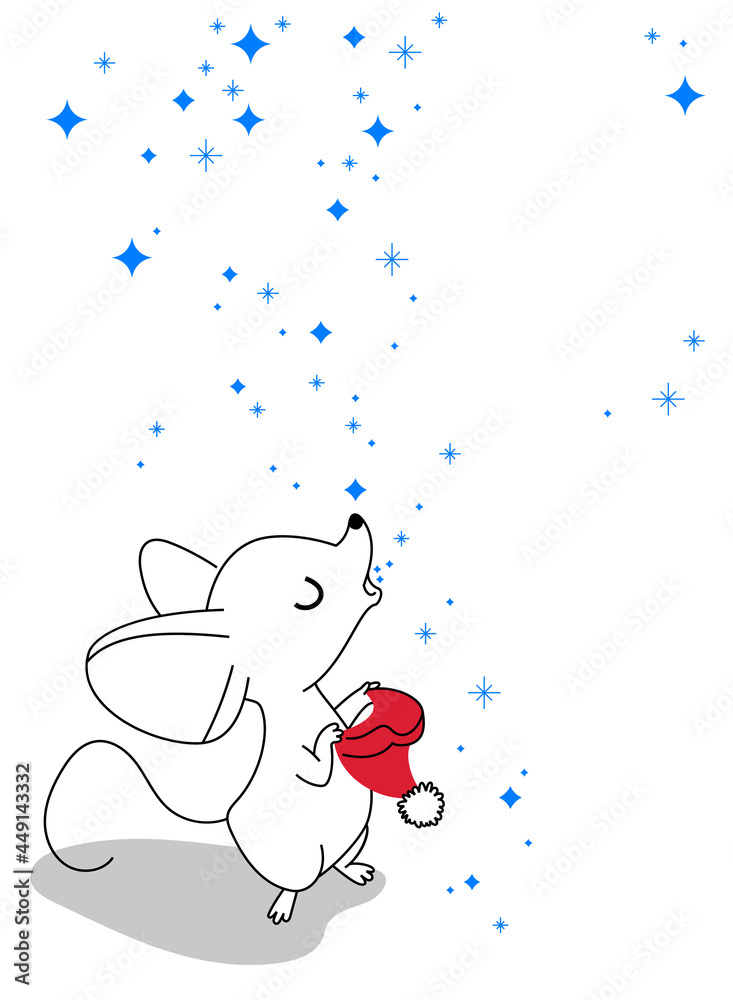 Little mouse with knitted hat catches snow by mouth, greeting card for your design, vector illustration 10eps Little mouse with knitted hat catches snow by mouth, greeting card for your design, vector illustration 10eps