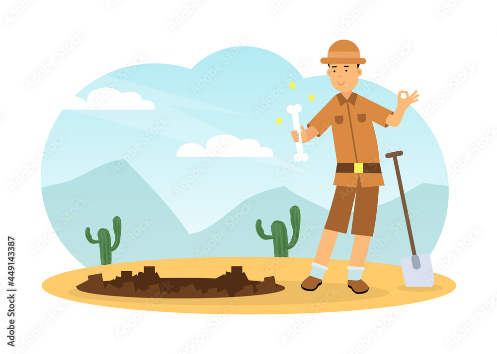 Man Archaeologist with Shovel Searching for Material Remains Vector Illustration