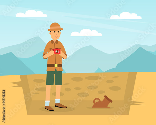 Man Archaeologist with Camera Taking Photo of Past Artifact and Material Remains Vector Illustration