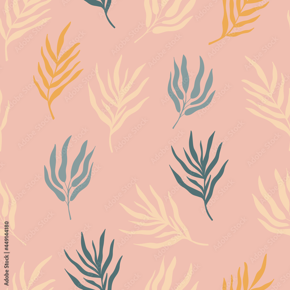 Seamless pattern background with abstract hand drawn plant silhouette. Tropical foliage palm tree branch minimalist vector boho floral backdrop texture. Cute pink vector summer texture wallpaper Seamless pattern background with abstract hand drawn plant silhouette. Tropical foliage palm tree branch minimalist vector boho floral backdrop texture. Cute pink vector summer texture wallpaper