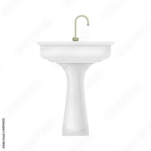 White Bathroom Sink Basin with Tap Isolated on White Background Vector Illustration