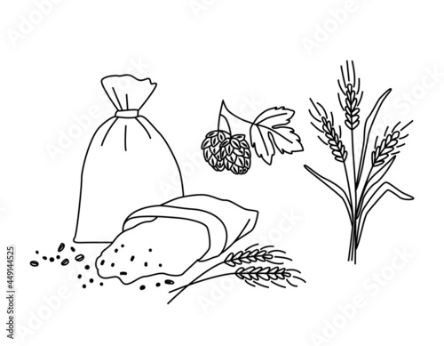An open and closed bag of flour.  Ears of corn.  Hop cones.  Set.  Vector illustration for brewing, agriculture, logo, print, poster.  Doodle style by outline