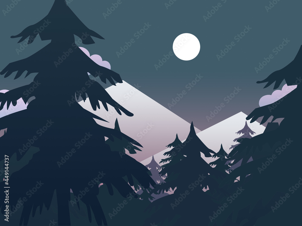Forest night Landscape Illustration Art.