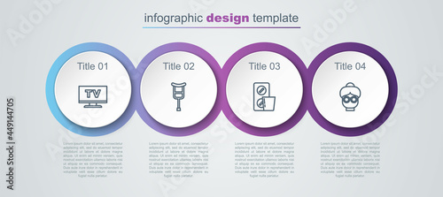 Set line Smart Tv, Crutch or crutches, Pills in blister pack and Grandmother. Business infographic template. Vector