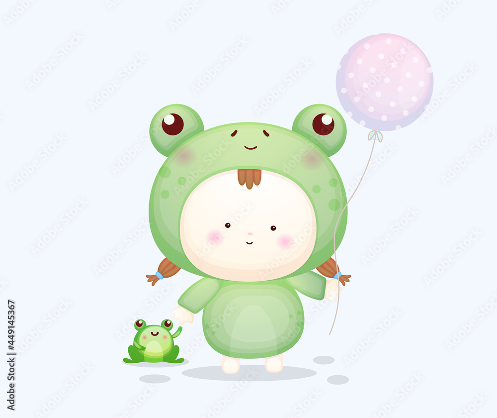 Fototapeta premium Cute baby in frog costume holding balloon. Mascot cartoon illustration Premium Vector
