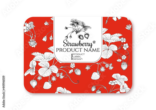 Strawberry. Ripe berries. Template for product label, cosmetic packaging. Easy to edit. Graphic drawing, engraving style. Vector illustration..