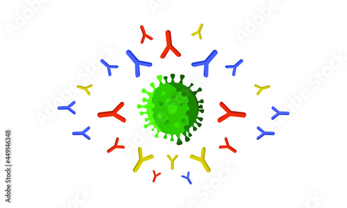 illustration Antibodies attacking SARS-CoV-2 virus or coronavirus, vaccine coronavirus attacking virus, covid-19 attacking antibody flat style design