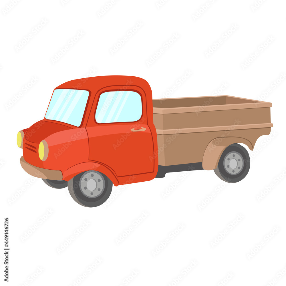 Cartoon red retro truck pickup car, on a white background. PNG. Vector illustration.