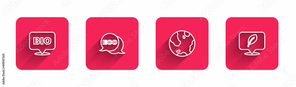 Naklejka premium Set line Bio healthy food, Label for eco, Earth globe and Location with leaf with long shadow. Red square button. Vector