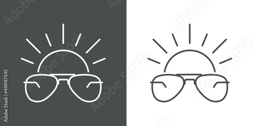 Icono plano gafas de sol estilo aviador con sol con lineas en fondo gris y fondo blanco