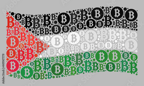Mosaic bitcoin waving Palestine flag created of bitcoin items. Vector mosaic waving Palestine flag created for e-commerce propaganda. Palestine flag collage is formed of randomized Thai baht icons.