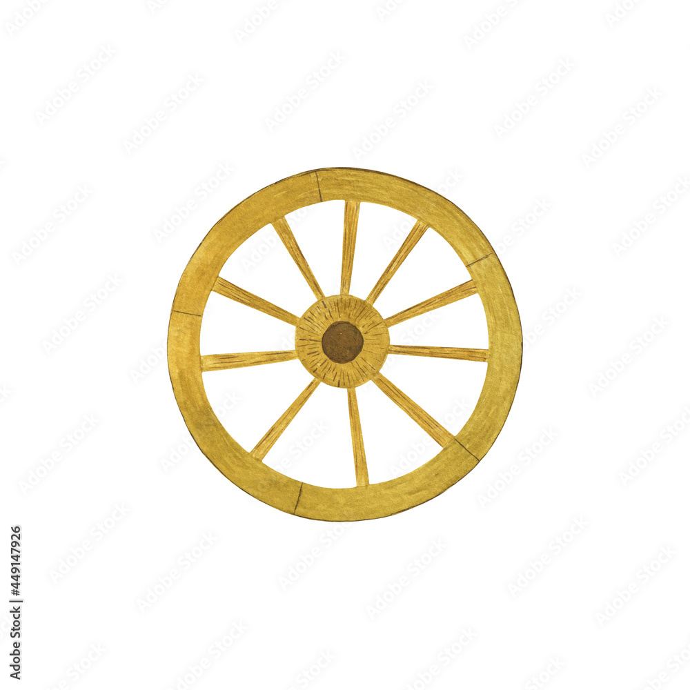 Wooden cart wheel watercolor illustration, element of old-fashioned agricultural transport, simple isolated object