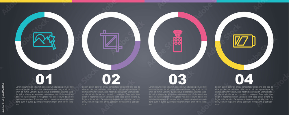 Set line Photo retouching, Picture crop photo, Remote control for camera and Battery. Business infographic template. Vector Set line Photo retouching, Picture crop photo, Remote control for camera and Battery. Business infographic template. Vector