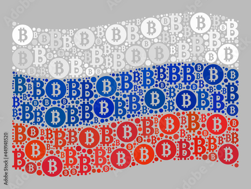 Mosaic bitcoin waving Russia flag constructed with bitcoin icons. Vector collage waving Russia flag constructed for p2p advertisement.