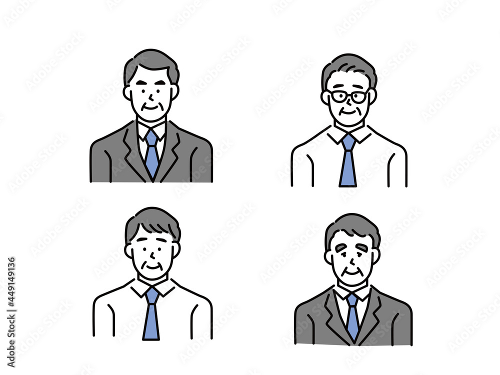 社長、部長、上司のアバターイラスト(ビジネスパーソン、シニア世代、50代、60代) Avatar illustration of president, manager, boss.Business person, senior generation, 50s and 60s. 社長、部長、上司のアバターイラスト(ビジネスパーソン、シニア世代、50代、60代) Avatar illustration of president, manager, boss.Business person, senior generation, 50s and 60s.