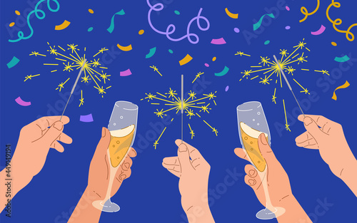 Human hands with champagne glasses and sparklers on confetti background. Celebration of New Year, birthday, anniversary or business success. Group of people celebrating event. Cartoon colorful banner