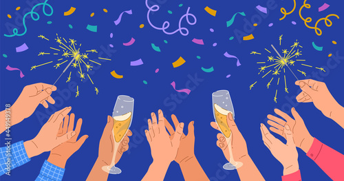 Human hands with champagne glasses and sparklers on confetti background. Celebration of New Year, birthday, anniversary or business success. Group of people celebrating event. Cartoon colorful banner