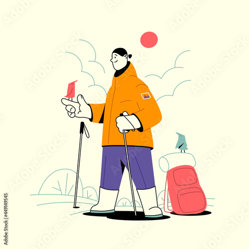 Web vector illustration on the theme of Climbing, Trekking, Hiking, Walking. Sports, outdoor recreation, adventures in nature, vacation. Wanderlust. Downshifting. The girl holds the bird and smiles.