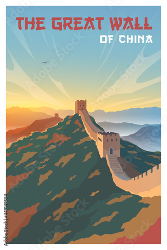 The great wall of China. Sunset. Mountains. Vector poster