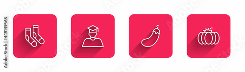 Set line Socks, Graduate and graduation cap, Eggplant and Pumpkin with long shadow. Red square button. Vector