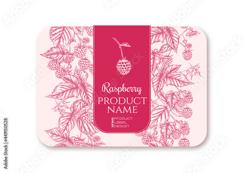 Raspberry. Ripe berries on branch. Template for product label, cosmetic packaging. Easy to edit. Graphic drawing, engraving style. Vector illustration..