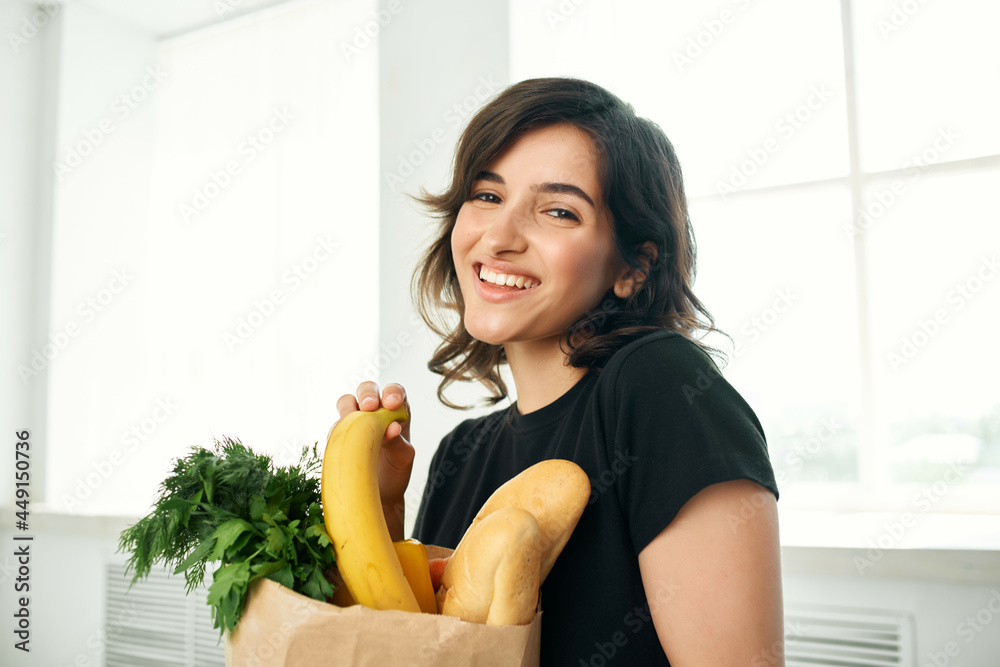 cheerful woman package with groceries homework healthy food cheerful woman package with groceries homework healthy food