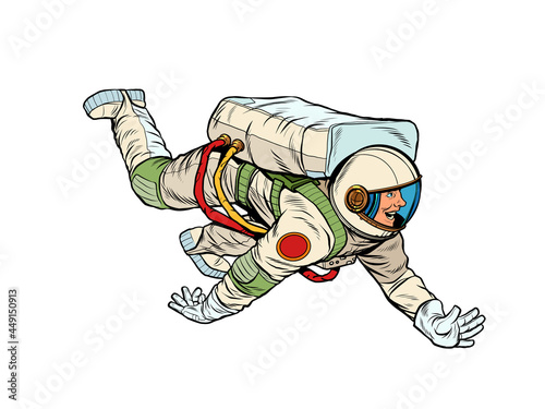 A happy astronaut flies in weightlessness, isolated on a white background. cosmos