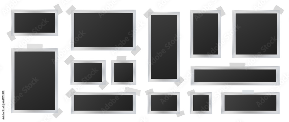 Square photo frames. Photo frame template, Realistic digital blank image with ribbon pieces isolated on white background Square photo frames. Photo frame template, Realistic digital blank image with ribbon pieces isolated on white background