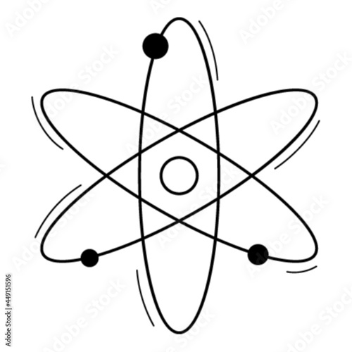 The symbol of the atom. Doodle outline style. A chemical sign. Hand-drawn black and white vector illustration. The design elements are isolated on a white background.