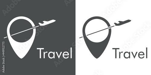 Logotipo con texto Travel y silueta de avión con trayectoria en marcador de posición en fondo gris y fondo blanco