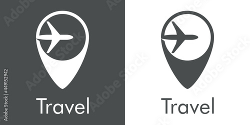 Logotipo con texto Travel y silueta de avión en marcador de posición en fondo gris y fondo blanco