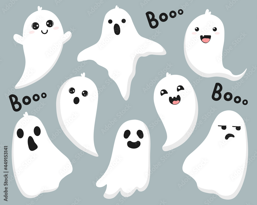 Cute set with halloween ghosts isolated on blue background. Joyful spooky or funny comic character. Kawaii ghost collection. Cute set with halloween ghosts isolated on blue background. Joyful spooky or funny comic character. Kawaii ghost collection.