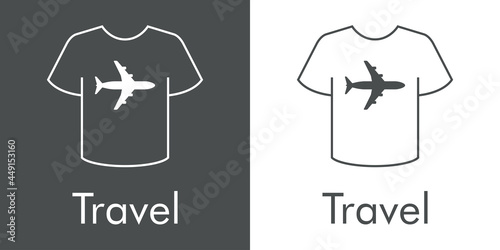 Logotipo con texto Travel y silueta de avión en camiseta en fondo gris y fondo blanco