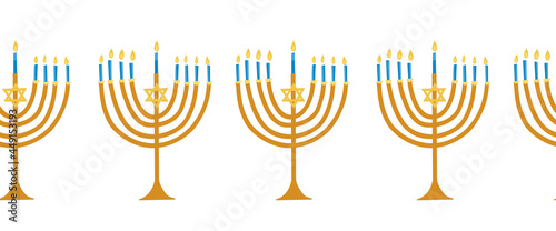 Menorahs seamless vector border. Hanukkah repeating pattern horizontal blue gold yellow Jewish holiday candle holder. Hanukkah candelabrum illustration for ribbon banner, greeting card, footer, header