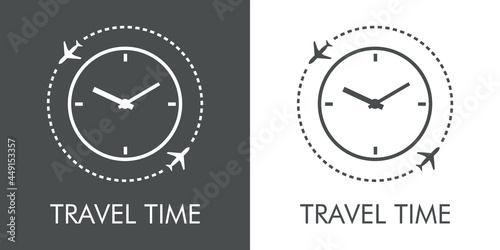 Logotipo con texto Travel Time y silueta de avión con trayectoria de linea de puntos con esfera de reloj en fondo gris y fondo blanco photo