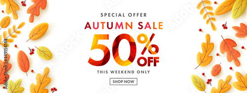Autumn Sale poster or banner with autumn colorful leaves.Greetings and presents for Autumn season.Autumn Sales banner template design for social media and website.Special Offer 50% Off campaign.