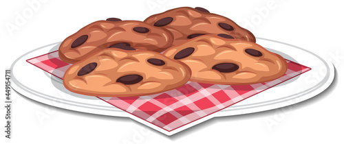 Chocolate chip cookies in plate sticker on white background