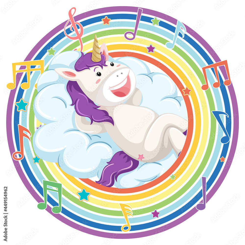 Unicorn in rainbow round frame with melody symbol Unicorn in rainbow round frame with melody symbol