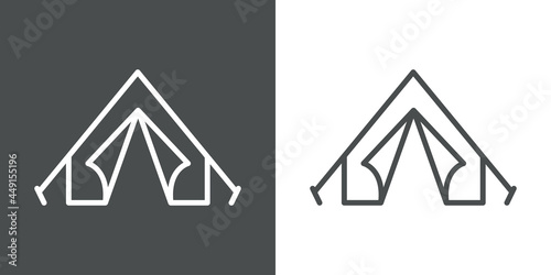 Camping club. Icono plano tienda de acampada con lineas en fondo gris	y fondo blanco