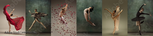 Collage of portraits of male and female ballet dancers dancing isolated on dark vintage background. Concept of art, theater, beauty and creativity photo