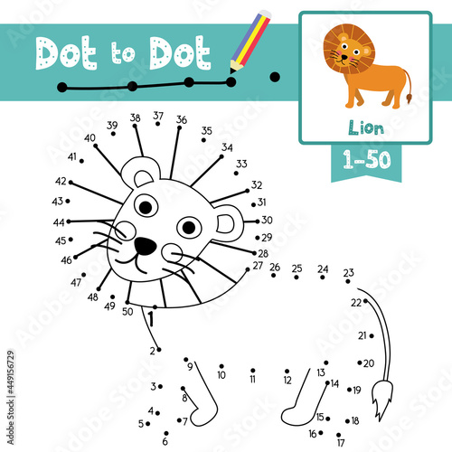 Dot to dot educational game and Coloring book Lion animal cartoon character vector illustration