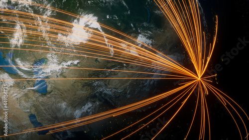 Earth in Space. Orange Lines connect Changsha, China with Cities across the World. Global Travel or Business Concept. photo