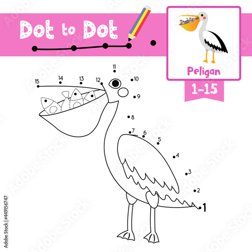 Dot to dot educational game and Coloring book Pelican bird with fish in mouth animal cartoon character vector illustration