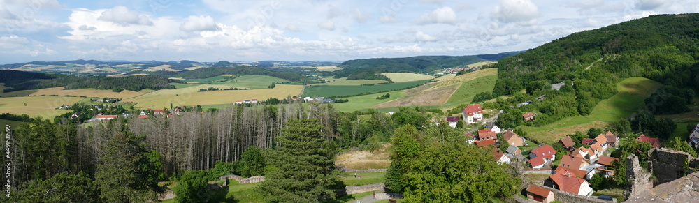 Panoramic view from the almost 1000 year old Hanstein Castle. The villages Eichenberg, Dramfeld, Hebenshausen, Niedergandern, Kirchgandern and Besenhausen are well visible from the castle far below.