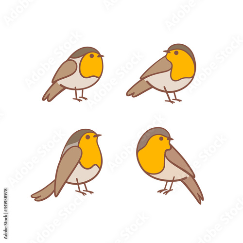 Cartoon bird icon set. Different poses of robin bird. Vector illustration for prints, clothing, packaging, stickers.