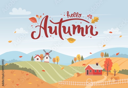 Autumn rural landscape with hand drawn lettering. Countryside landscape with houses and windmill. Vector illustration in flat style