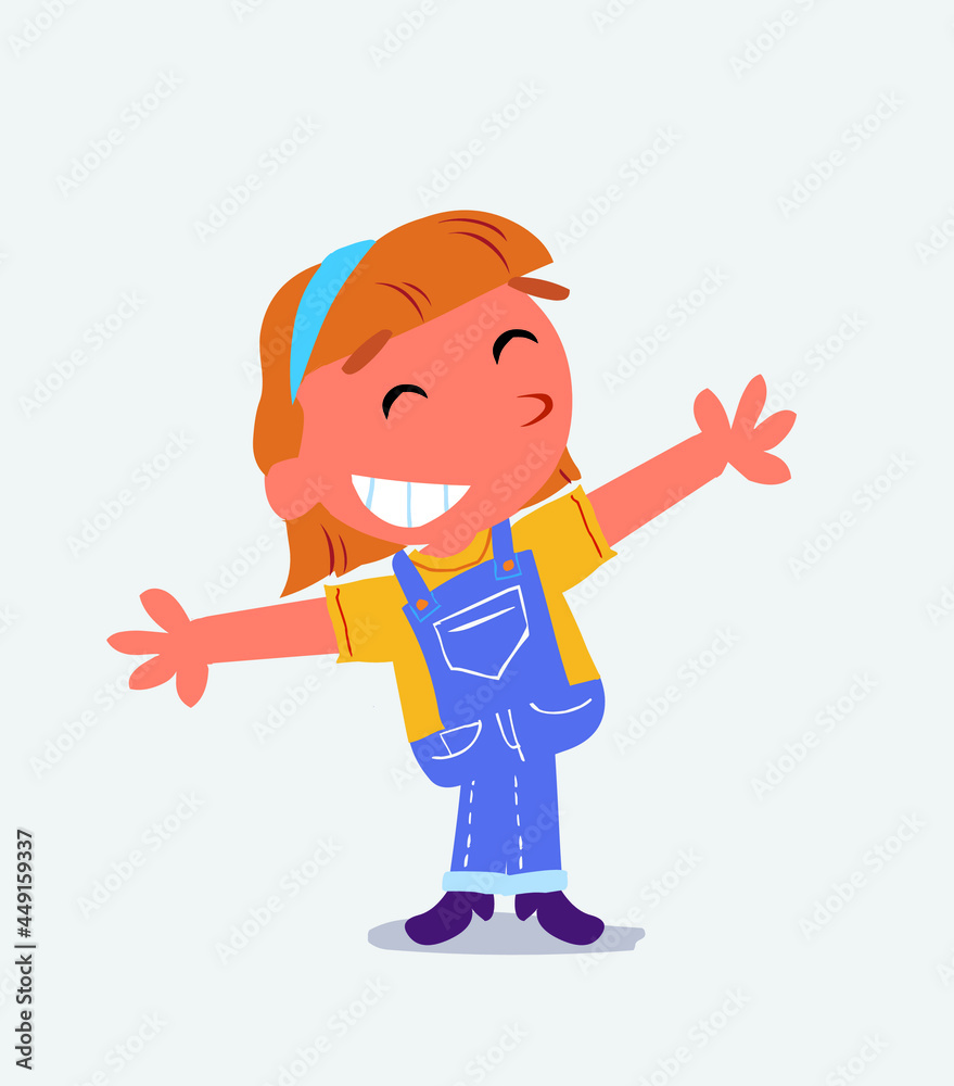 cartoon character of little girl on jeans opening arms very happy. cartoon character of little girl on jeans opening arms very happy.