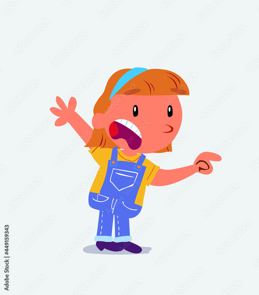 cartoon character of little girl on jeans pointing at something outraged. cartoon character of little girl on jeans pointing at something outraged.