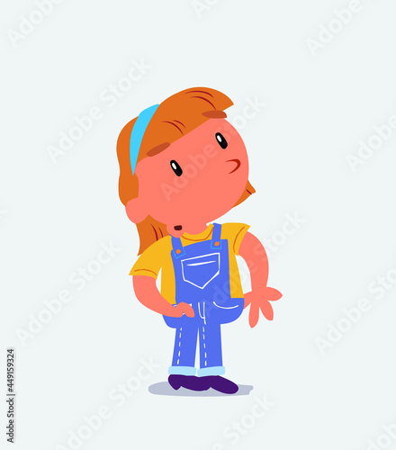 cartoon character of little girl on jeans looks with doubt and somewhat surprised.